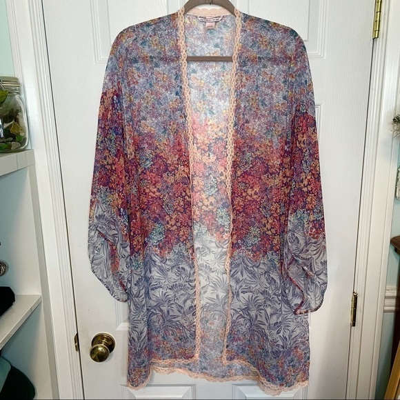 VICTORIA’S Secret Floral Blue & Pink Long open Robe Kimono M/L - Picture 1 of 7
